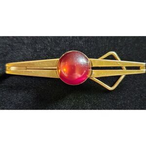 Mid Century Goldtone & Red Moon Glow Cabochon Tie Clasp by SWANK Vintage Lucite